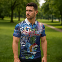 New Zealand Merry Christmas Zipper Polo Shirt Maori Tribal Pattern with Xmas Tui Bird LT03 - Polynesian Pride
