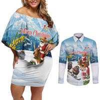 New Zealand and Australia Merry Christmas Couples Matching Off Shoulder Short Dress and Long Sleeve Button Shirt Kiwi Birds Skiing and Koala Santa Riding Kangaroo LT03 Multicolor - Polynesian Pride