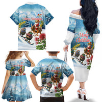 New Zealand and Australia Merry Christmas Family Matching Off The Shoulder Long Sleeve Dress and Hawaiian Shirt Kiwi Birds Skiing and Koala Santa Riding Kangaroo LT03 - Polynesian Pride