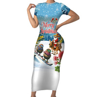 New Zealand and Australia Merry Christmas Family Matching Short Sleeve Bodycon Dress and Hawaiian Shirt Kiwi Birds Skiing and Koala Santa Riding Kangaroo LT03 Mom's Dress Multicolor - Polynesian Pride