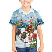 New Zealand and Australia Merry Christmas Family Matching Summer Maxi Dress and Hawaiian Shirt Kiwi Birds Skiing and Koala Santa Riding Kangaroo LT03 Son's Shirt Multicolor - Polynesian Pride