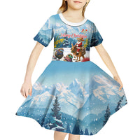 New Zealand and Australia Merry Christmas Kid Short Sleeve Dress Kiwi Birds Skiing and Koala Santa Riding Kangaroo LT03 - Polynesian Pride