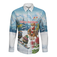 New Zealand and Australia Merry Christmas Long Sleeve Button Shirt Kiwi Birds Skiing and Koala Santa Riding Kangaroo LT03 Unisex Multicolor - Polynesian Pride