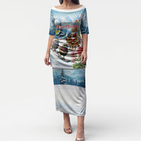 New Zealand and Australia Merry Christmas Puletasi Kiwi Birds Skiing and Koala Santa Riding Kangaroo LT03 Long Dress Multicolor - Polynesian Pride