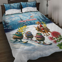 New Zealand and Australia Merry Christmas Quilt Bed Set Kiwi Birds Skiing and Koala Santa Riding Kangaroo