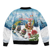 New Zealand and Australia Merry Christmas Sleeve Zip Bomber Jacket Kiwi Birds Skiing and Koala Santa Riding Kangaroo