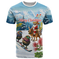 New Zealand and Australia Merry Christmas T Shirt Kiwi Birds Skiing and Koala Santa Riding Kangaroo LT03 Multicolor - Polynesian Pride