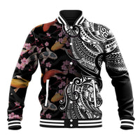 Hawaiian and Japanese Together Baseball Jacket Polynesian Triball Tattoo Koi Carps and Sakura