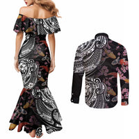 Hawaiian and Japanese Together Couples Matching Mermaid Dress and Long Sleeve Button Shirt Polynesian Triball Tattoo Koi Carps and Sakura