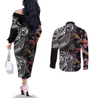 Hawaiian and Japanese Together Couples Matching Off The Shoulder Long Sleeve Dress and Long Sleeve Button Shirt Polynesian Triball Tattoo Koi Carps and Sakura