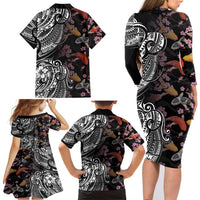 Hawaiian and Japanese Together Family Matching Long Sleeve Bodycon Dress and Hawaiian Shirt Polynesian Triball Tattoo Koi Carps and Sakura LT03 - Polynesian Pride