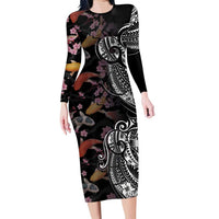Hawaiian and Japanese Together Family Matching Long Sleeve Bodycon Dress and Hawaiian Shirt Polynesian Triball Tattoo Koi Carps and Sakura LT03 Mom's Dress Black - Polynesian Pride