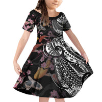 Hawaiian and Japanese Together Family Matching Off Shoulder Short Dress and Hawaiian Shirt Polynesian Triball Tattoo Koi Carps and Sakura LT03 Daughter's Dress Black - Polynesian Pride