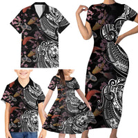 Hawaiian and Japanese Together Family Matching Short Sleeve Bodycon Dress and Hawaiian Shirt Polynesian Triball Tattoo Koi Carps and Sakura LT03 - Polynesian Pride