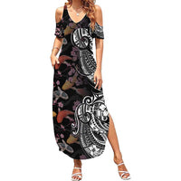Hawaiian and Japanese Together Summer Maxi Dress Polynesian Triball Tattoo Koi Carps and Sakura LT03 Women Black - Polynesian Pride