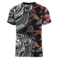 Hawaiian and Japanese Together Women V-Neck T-Shirt Polynesian Triball Tattoo Koi Carps and Sakura