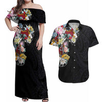 Hawaiian and Japanese Together Couples Matching Off Shoulder Maxi Dress and Hawaiian Shirt Colorful Traditional Japanese Tattoo and Kakau Pattern Black Color LT03 Black - Polynesian Pride