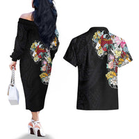 Hawaiian and Japanese Together Couples Matching Off The Shoulder Long Sleeve Dress and Hawaiian Shirt Colorful Traditional Japanese Tattoo and Kakau Pattern Black Color LT03 - Polynesian Pride