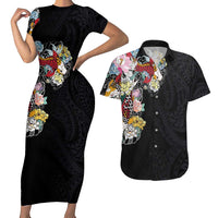 Hawaiian and Japanese Together Couples Matching Short Sleeve Bodycon Dress and Hawaiian Shirt Colorful Traditional Japanese Tattoo and Kakau Pattern Black Color LT03 Black - Polynesian Pride