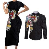 Hawaiian and Japanese Together Couples Matching Short Sleeve Bodycon Dress and Long Sleeve Button Shirt Colorful Traditional Japanese Tattoo and Kakau Pattern Black Color
