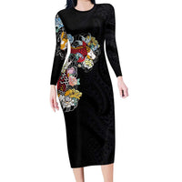 Hawaiian and Japanese Together Family Matching Long Sleeve Bodycon Dress and Hawaiian Shirt Colorful Traditional Japanese Tattoo and Kakau Pattern Black Color LT03 Mom's Dress Black - Polynesian Pride