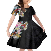 Hawaiian and Japanese Together Family Matching Off The Shoulder Long Sleeve Dress and Hawaiian Shirt Colorful Traditional Japanese Tattoo and Kakau Pattern Black Color LT03 Daughter's Dress Black - Polynesian Pride