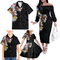 Hawaiian and Japanese Together Family Matching Off The Shoulder Long Sleeve Dress and Hawaiian Shirt Colorful Traditional Japanese Tattoo and Kakau Pattern Black Color LT03 - Polynesian Pride