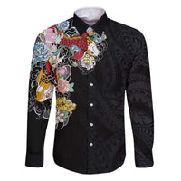 Hawaiian and Japanese Together Family Matching Off The Shoulder Long Sleeve Dress and Hawaiian Shirt Colorful Traditional Japanese Tattoo and Kakau Pattern Black Color LT03 Dad's Shirt - Long Sleeve Black - Polynesian Pride