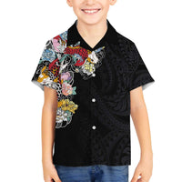 Hawaiian and Japanese Together Family Matching Off The Shoulder Long Sleeve Dress and Hawaiian Shirt Colorful Traditional Japanese Tattoo and Kakau Pattern Black Color LT03 Son's Shirt Black - Polynesian Pride