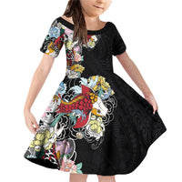 Hawaiian and Japanese Together Family Matching Off Shoulder Short Dress and Hawaiian Shirt Colorful Traditional Japanese Tattoo and Kakau Pattern Black Color LT03 Daughter's Dress Black - Polynesian Pride