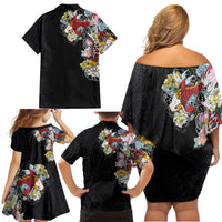 Hawaiian and Japanese Together Family Matching Off Shoulder Short Dress and Hawaiian Shirt Colorful Traditional Japanese Tattoo and Kakau Pattern Black Color LT03 - Polynesian Pride