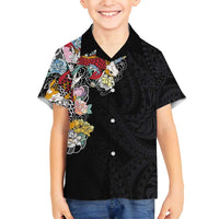 Hawaiian and Japanese Together Family Matching Summer Maxi Dress and Hawaiian Shirt Colorful Traditional Japanese Tattoo and Kakau Pattern Black Color LT03 Son's Shirt Black - Polynesian Pride