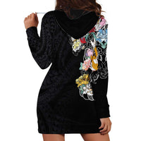 Hawaiian and Japanese Together Hoodie Dress Colorful Traditional Japanese Tattoo and Kakau Pattern Black Color LT03 - Polynesian Pride
