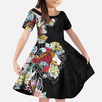 Hawaiian and Japanese Together Kid Short Sleeve Dress Colorful Traditional Japanese Tattoo and Kakau Pattern Black Color LT03 KID Black - Polynesian Pride