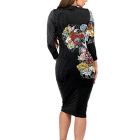 Hawaiian and Japanese Together Long Sleeve Bodycon Dress Colorful Traditional Japanese Tattoo and Kakau Pattern Black Color LT03 - Polynesian Pride