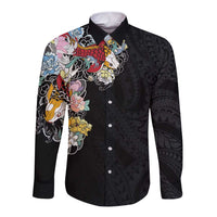 Hawaiian and Japanese Together Long Sleeve Button Shirt Colorful Traditional Japanese Tattoo and Kakau Pattern Black Color