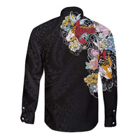 Hawaiian and Japanese Together Long Sleeve Button Shirt Colorful Traditional Japanese Tattoo and Kakau Pattern Black Color