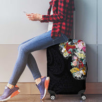 Hawaiian and Japanese Together Luggage Cover Colorful Traditional Japanese Tattoo and Kakau Pattern Black Color LT03 - Polynesian Pride