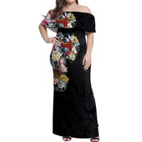 Hawaiian and Japanese Together Off Shoulder Maxi Dress Colorful Traditional Japanese Tattoo and Kakau Pattern Black Color LT03 Women Black - Polynesian Pride