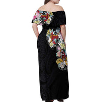 Hawaiian and Japanese Together Off Shoulder Maxi Dress Colorful Traditional Japanese Tattoo and Kakau Pattern Black Color LT03 - Polynesian Pride