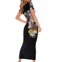 Hawaiian and Japanese Together Short Sleeve Bodycon Dress Colorful Traditional Japanese Tattoo and Kakau Pattern Black Color