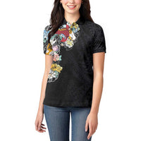 Hawaiian and Japanese Together Women Polo Shirt Colorful Traditional Japanese Tattoo and Kakau Pattern Black Color LT03 - Polynesian Pride