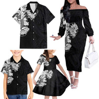 Hawaiian and Japanese Together Family Matching Off The Shoulder Long Sleeve Dress and Hawaiian Shirt Japanese Koi Fish Tattoo and Kakau Pattern Black Color LT03 - Polynesian Pride