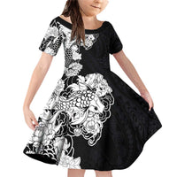 Hawaiian and Japanese Together Family Matching Off Shoulder Short Dress and Hawaiian Shirt Japanese Koi Fish Tattoo and Kakau Pattern Black Color LT03 Daughter's Dress Black - Polynesian Pride
