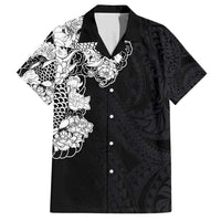Hawaiian and Japanese Together Family Matching Short Sleeve Bodycon Dress and Hawaiian Shirt Japanese Koi Fish Tattoo and Kakau Pattern Black Color LT03 Dad's Shirt - Short Sleeve Black - Polynesian Pride