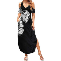 Hawaiian and Japanese Together Family Matching Summer Maxi Dress and Hawaiian Shirt Japanese Koi Fish Tattoo and Kakau Pattern Black Color LT03 Mom's Dress Black - Polynesian Pride