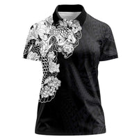 Hawaiian and Japanese Together Women Polo Shirt Japanese Koi Fish Tattoo and Kakau Pattern Black Color LT03 Female Black - Polynesian Pride