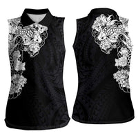 Hawaiian and Japanese Together Women Sleeveless Polo Shirt Japanese Koi Fish Tattoo and Kakau Pattern Black Color LT03 - Polynesian Pride