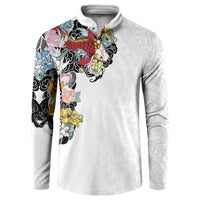 Hawaiian and Japanese Together Button Sweatshirt Colorful Traditional Japanese Tattoo and Kakau Pattern White Color LT03 White - Polynesian Pride