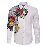 Hawaiian and Japanese Together Family Matching Off Shoulder Maxi Dress and Hawaiian Shirt Colorful Traditional Japanese Tattoo and Kakau Pattern White Color LT03 Dad's Shirt - Long Sleeve White - Polynesian Pride